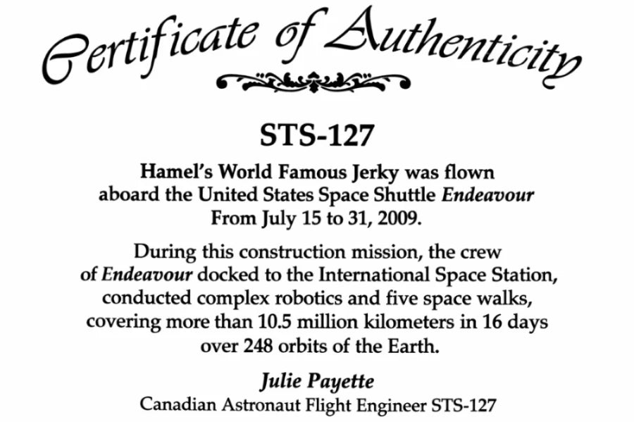 Certificate confirming Hamel's Jerky flew aboard Space Shuttle Endeavour